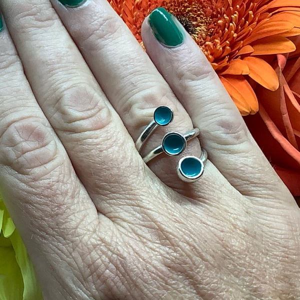 Sterling silver and turquoise blue enamel wrap ring 