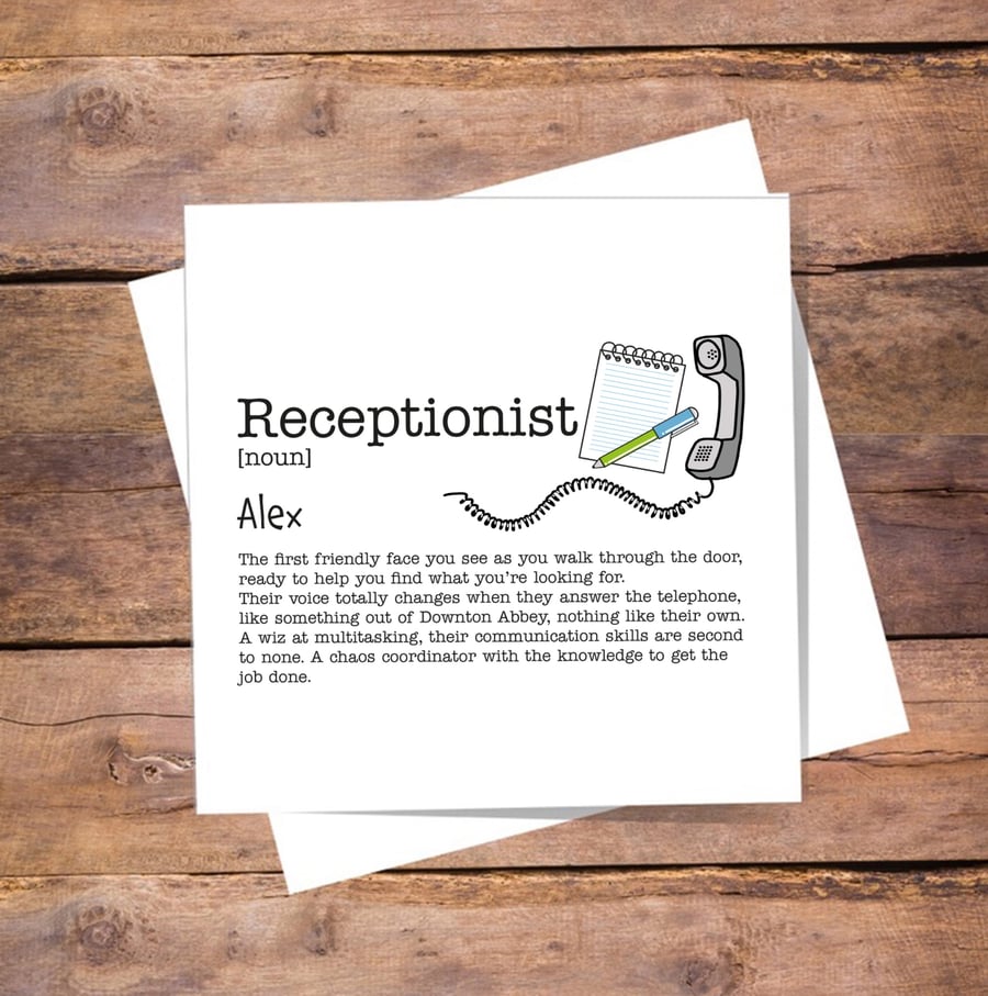 Receptionist Personalised Definition Card - birthday, thank you, good luck