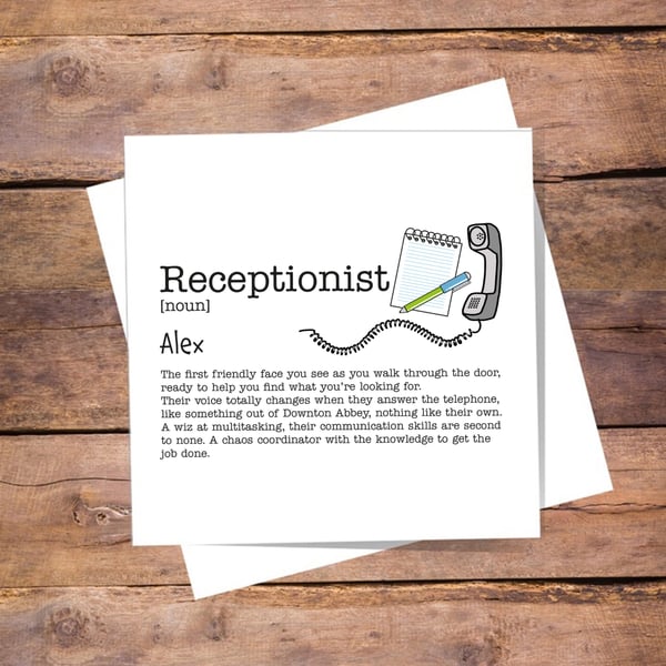 Receptionist Personalised Definition Card - birthday, thank you, good luck