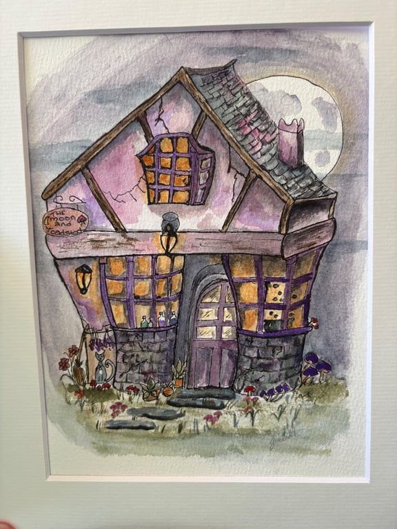 The moon and toadstool watercolour cottage 