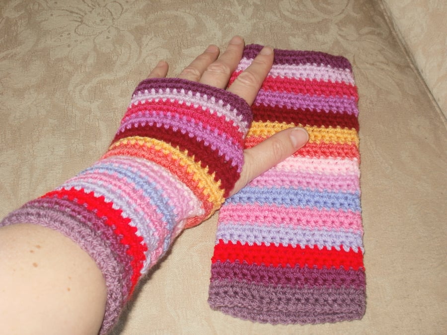 Hand crochet ladies stripy wrist warmers