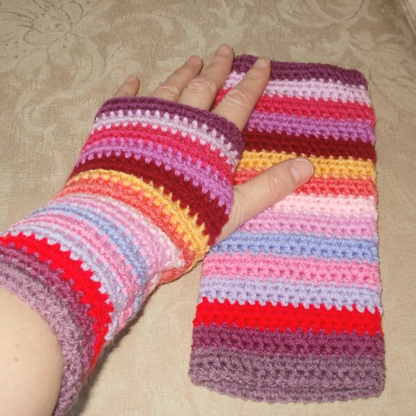 Hand crochet ladies stripy wrist warmers