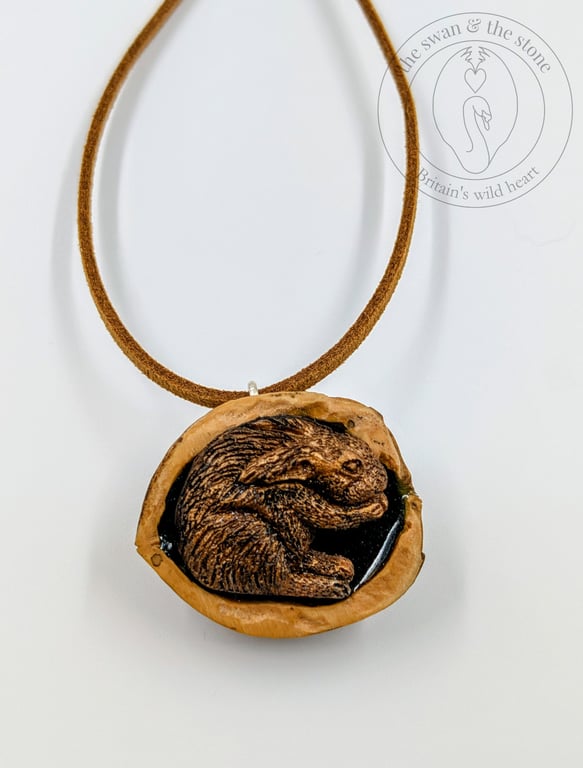 Handmade Hare Wildlife Pendant - Cast in Bronze Resin, Polished Walnut Shell