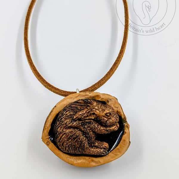 Handmade Hare Wildlife Pendant - Cast in Bronze Resin, Polished Walnut Shell