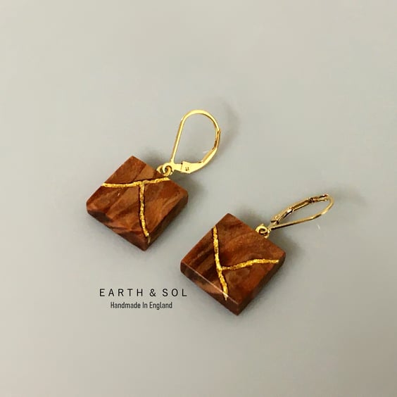 Wood Kintsugi Earrings. 22ct Gold Inlay. Redwood Burl Wood. Dangle Lever or Stud