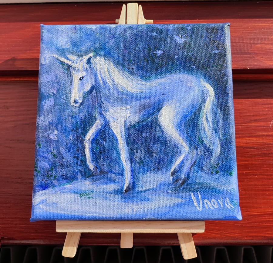 Unicorn Original Oil Painting Magic forest painting Fantasy Wood Christmas gift 