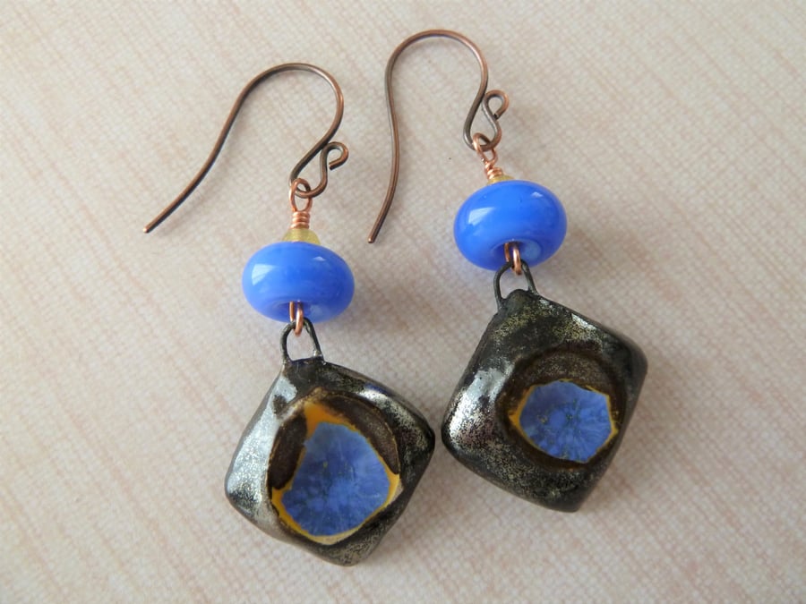 copper, lampwork and ceramic earrings