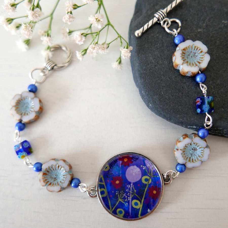 Purple Bracelet, Midnight Blue Bracelet, Flowers Bracelet, Art jewellery