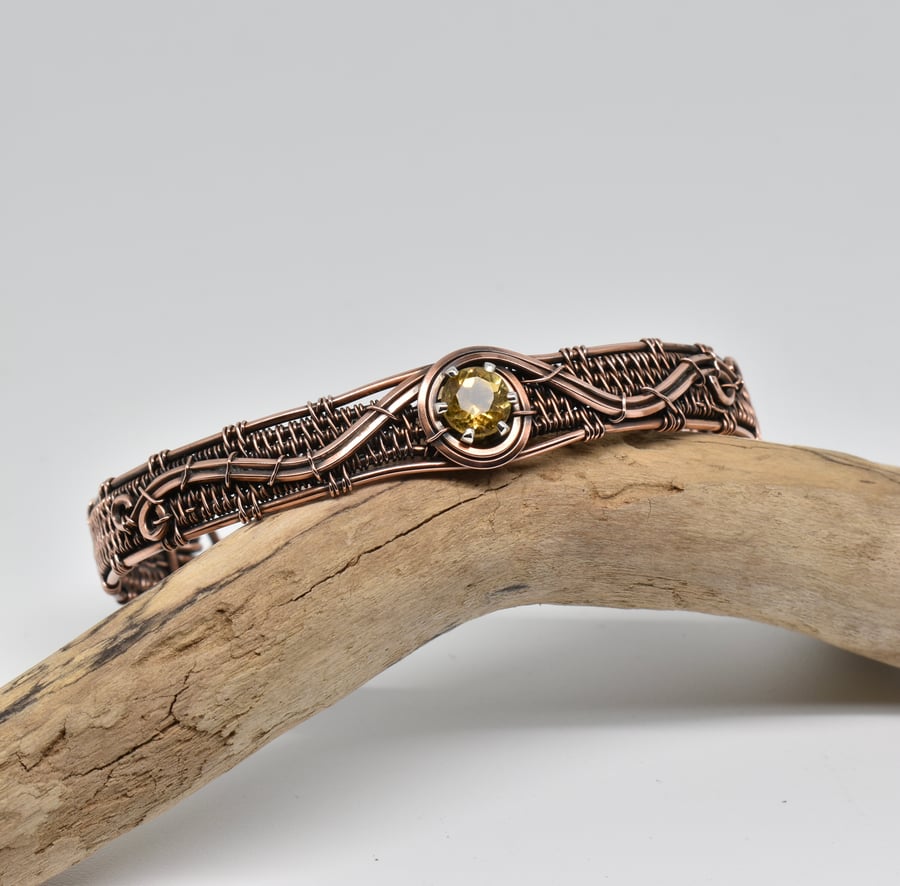 Wire Woven Citrine and Copper Cuff Style Bracelet