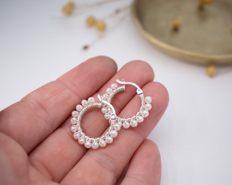 Pearl Wrapped Silver Hoop Earrings