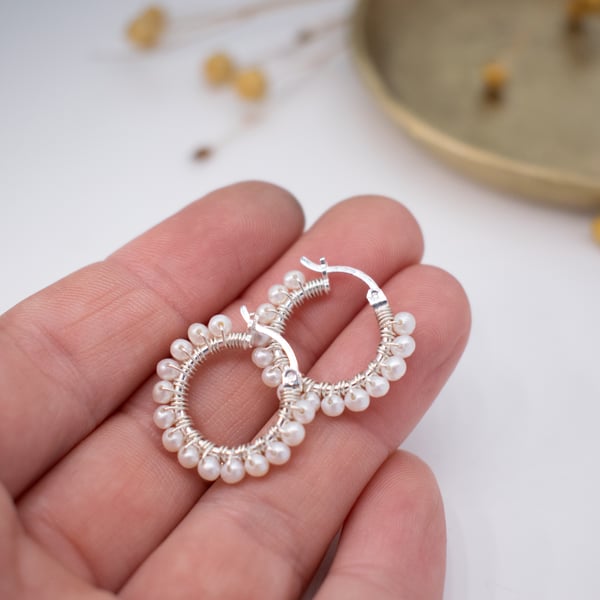 Pearl Wrapped Silver Hoop Earrings