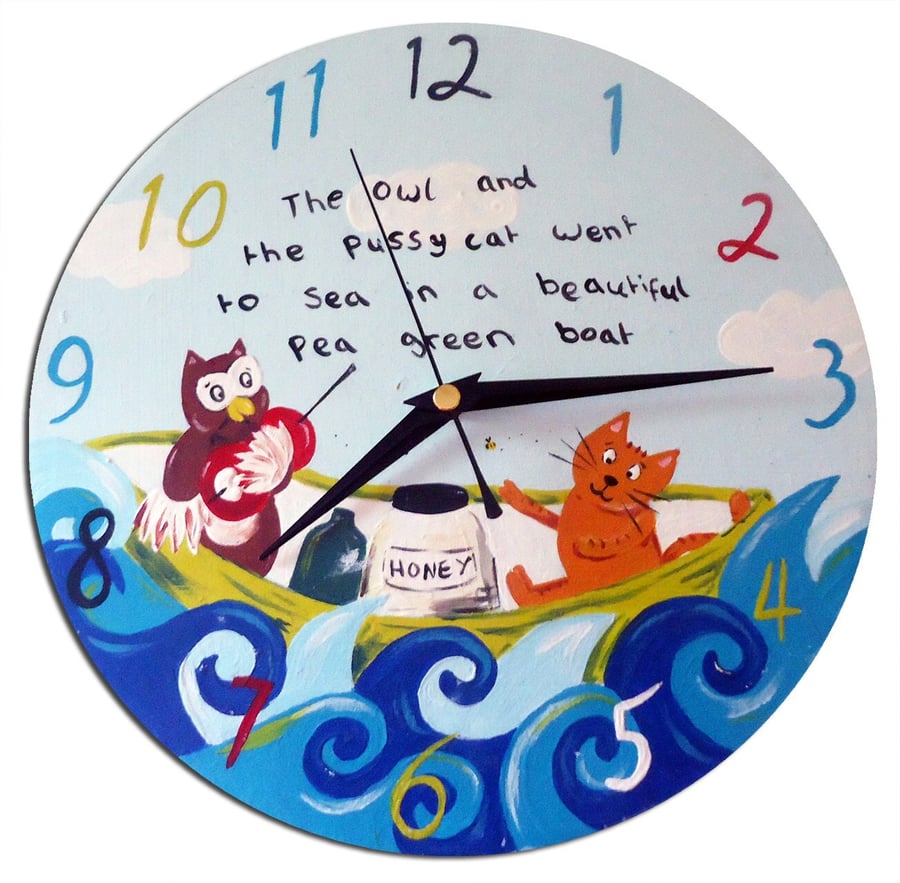The Owl and the Pussy Cat Clock, Nursery Decor, Boys Room, Wall Clock