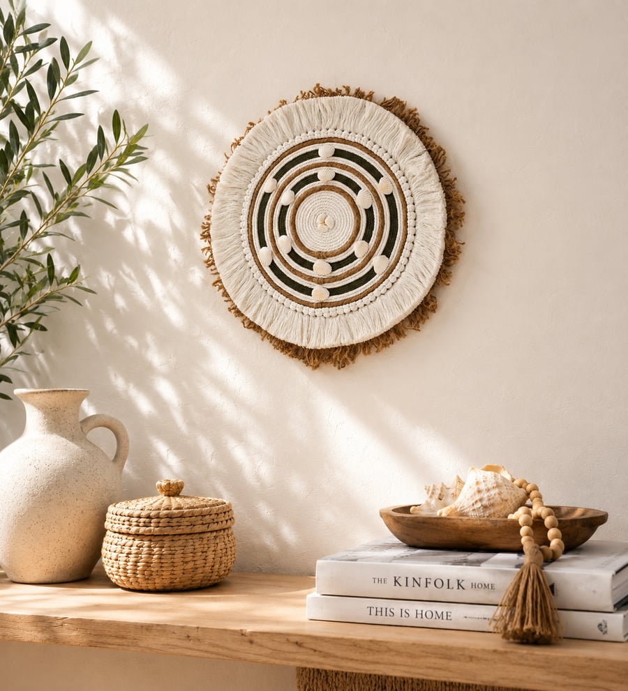 "Ubusika 1" Olive Green & Beige Macrame with Shells Wall, Shelf & Table Decor
