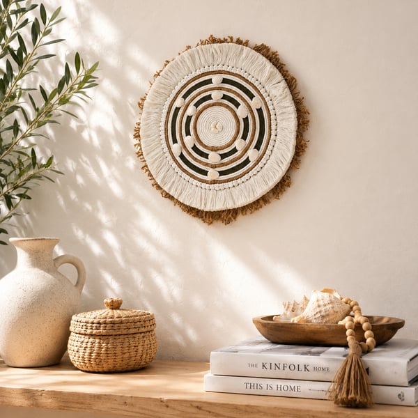 "Ubusika 1" Olive Green & Beige Macrame with Shells Wall, Shelf & Table Decor