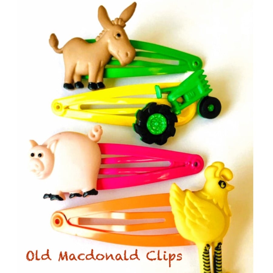 Old Macdonald Hair clips x4 - farm hair clips - hair clips for girls - tractors 