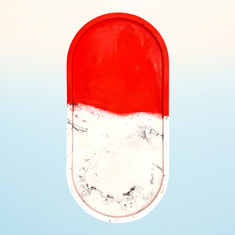 Large Oval Marbled and Red Decorative Dish - Half and Half Catchall Valet Tray