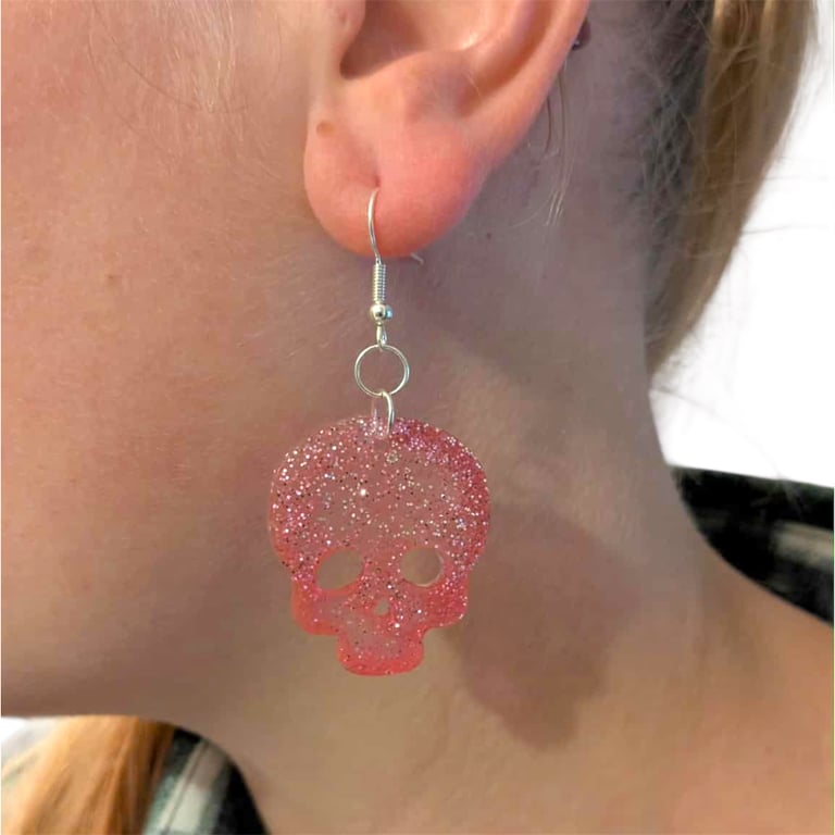 Pink Skull Resin Dangle Earrings Handmade Jewellery Gift For Halloween 