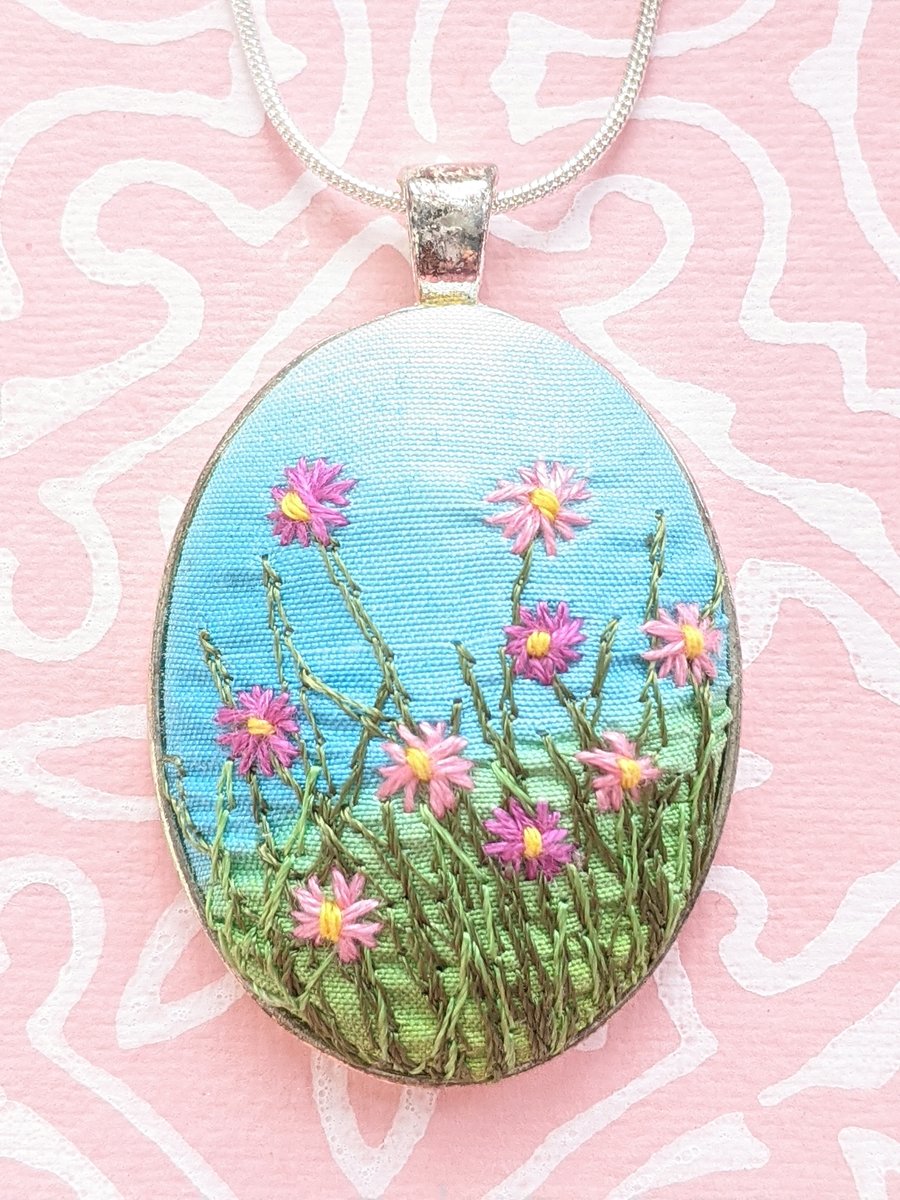 Pink daisies embroidered necklace pendant