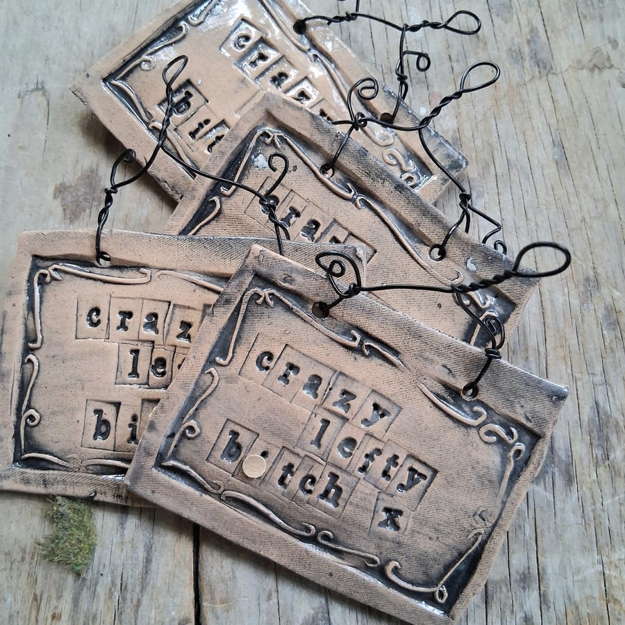 CLEARANCE! rustic ceramic pottery sign- crazy leftie b-tch