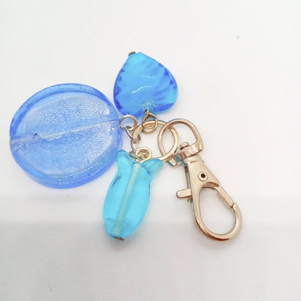 Blue Glass Bead Heart and Fish Bag Charm
