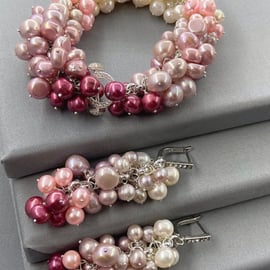 Pink Ombré Cultured Pearl Bubble Style Cluster Bracelet & Earring Set