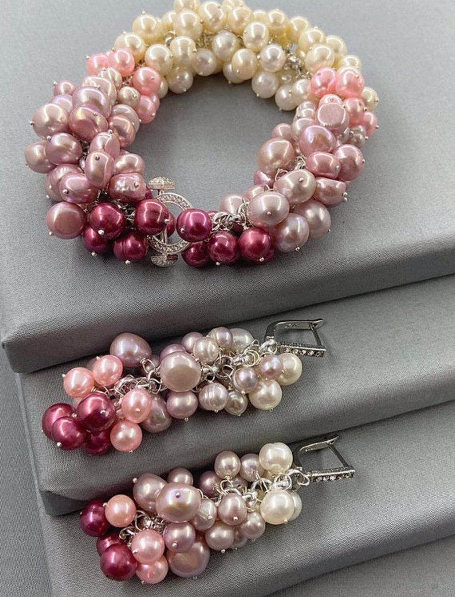 Pink Ombré Cultured Pearl Bubble Style Cluster Bracelet & Earring Set