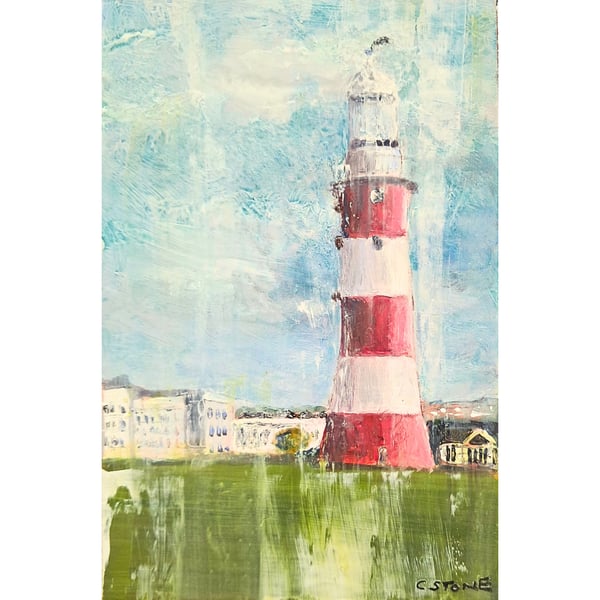 Smeatons Tower Plymouth Devon Mixed Media Painting on Yupo paper Mounted