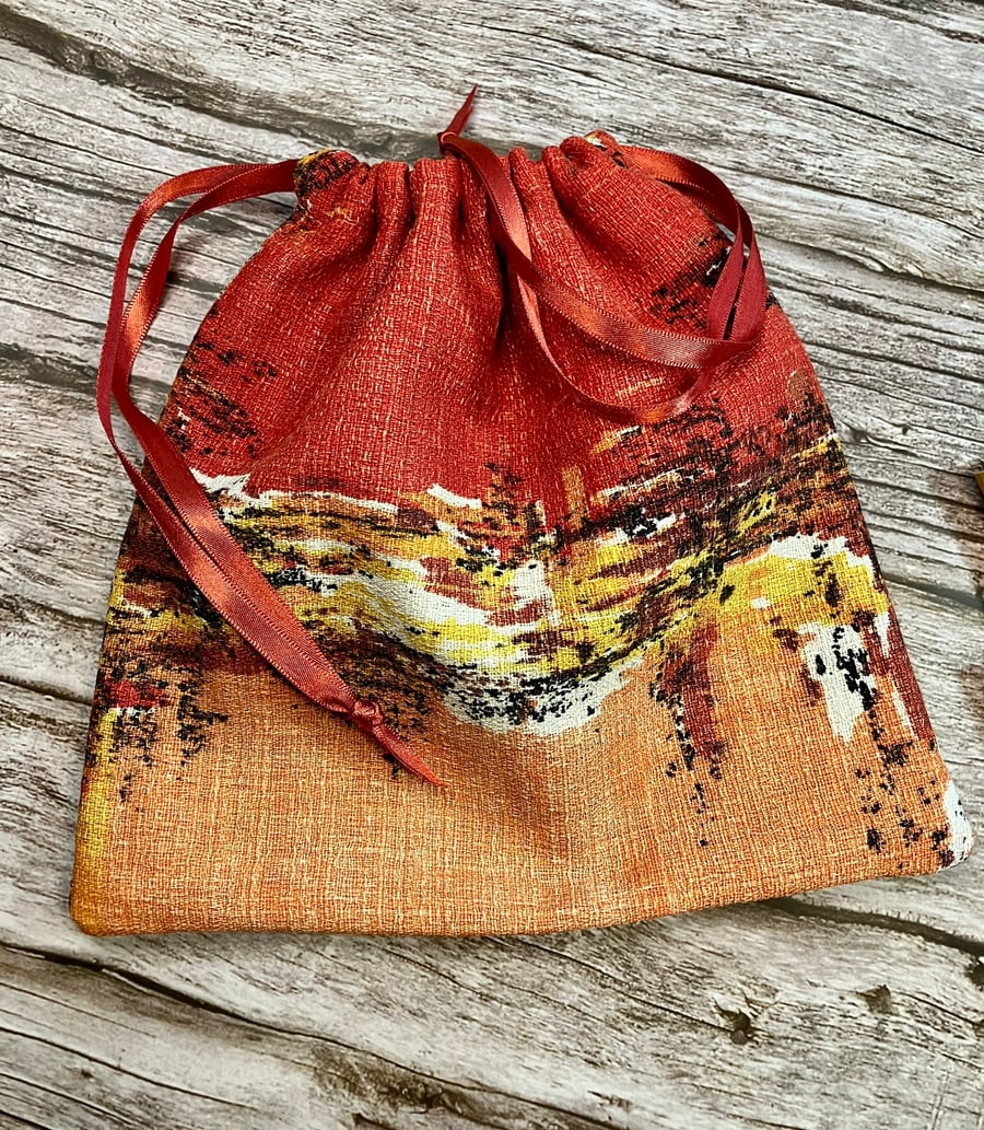 'Cinnamon Spice' Drawstring Bag made from 1950s Vintage Barkcloth Fabric