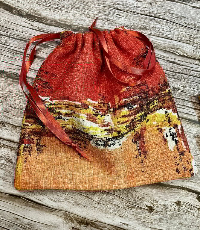'Cinnamon Spice' Drawstring Bag made from 1950s Vintage Barkcloth Fabric