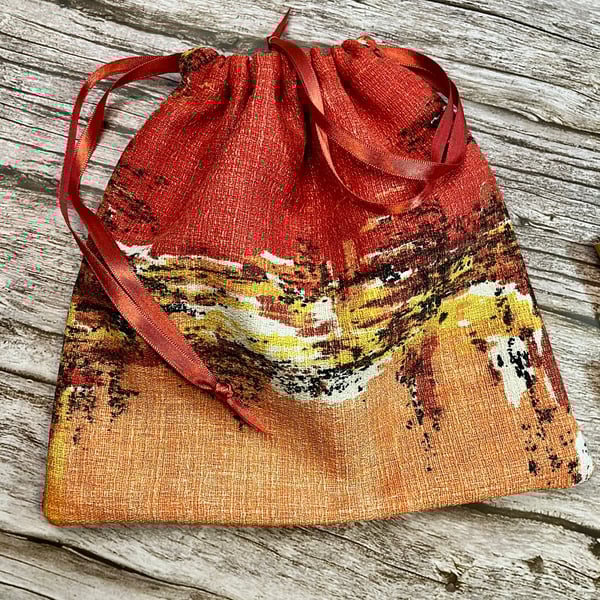 'Cinnamon Spice' Drawstring Bag made from 1950s Vintage Barkcloth Fabric