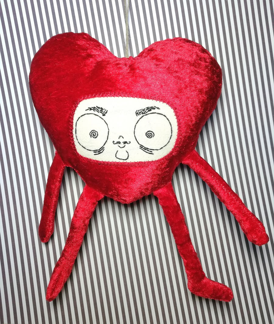 Red Velvet Heart with Hand Embroidered Quirky Face