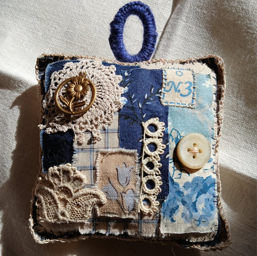 Blue, slow-stitched Lavender sachet