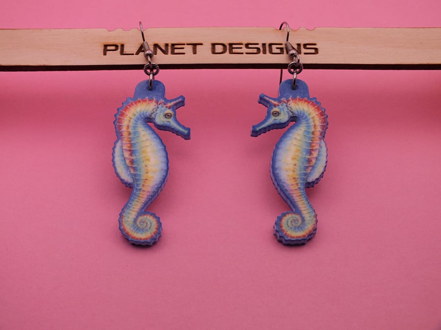Colourful Seahorse Earrings, lightweight, waterproof, permanent illustrations