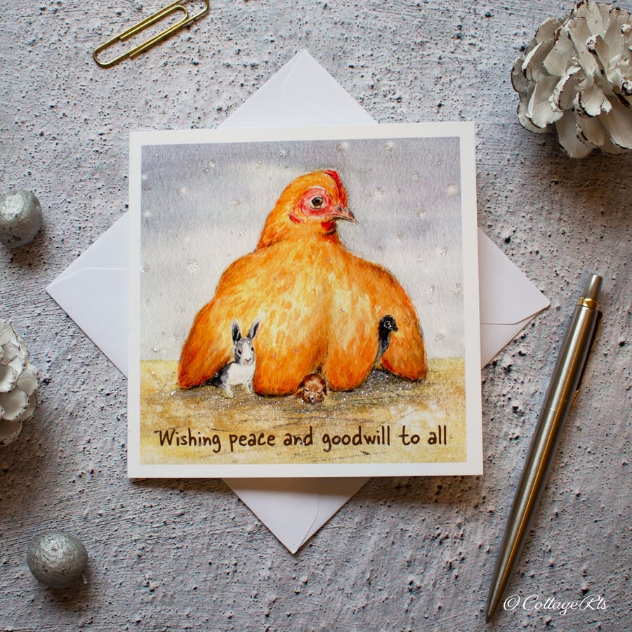 Chicken Christmas Card - Mother Hen - Hand Finished and Designed By CottageRts
