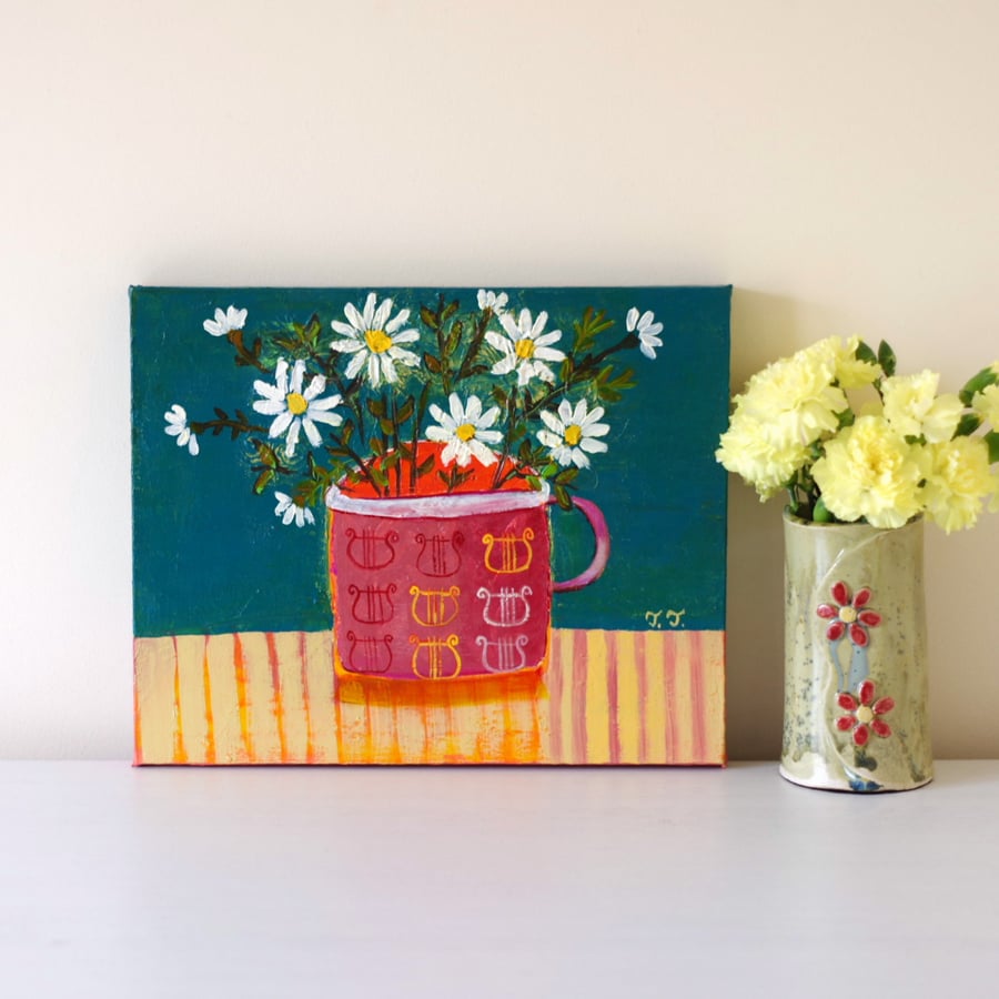 Daisy Painting, White Flowers Art, Music Painting with Lyres, Still Life Art