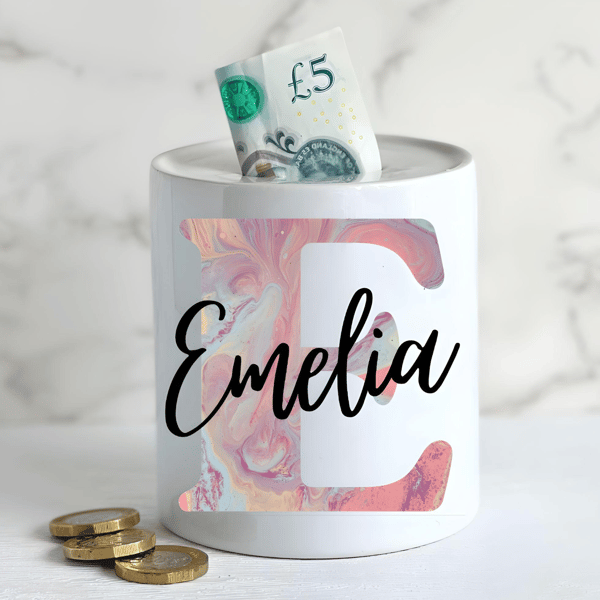 Personalised Ceramic Money Box -Novelty Present- Marble Initial and name