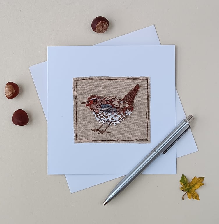 Appliqued Wren Sewn Textile Greeting Card