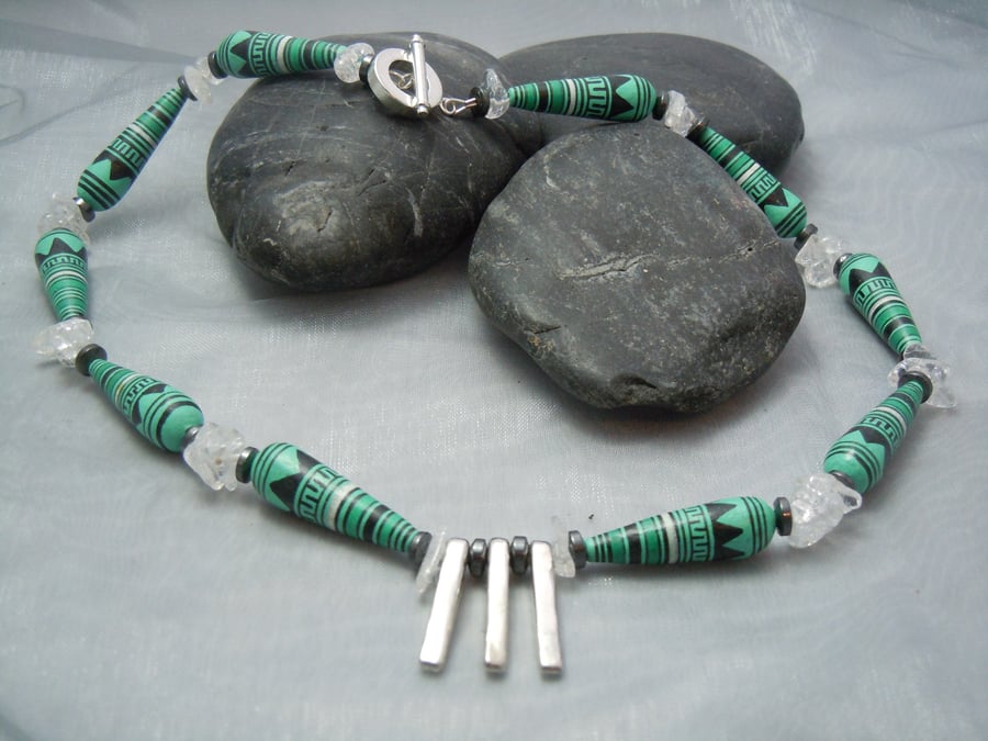 Handpainted geometric pattern Peruvian beads, clear Quartz & Hematite necklace