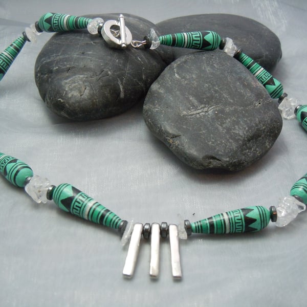 Handpainted geometric pattern Peruvian beads, clear Quartz & Hematite necklace