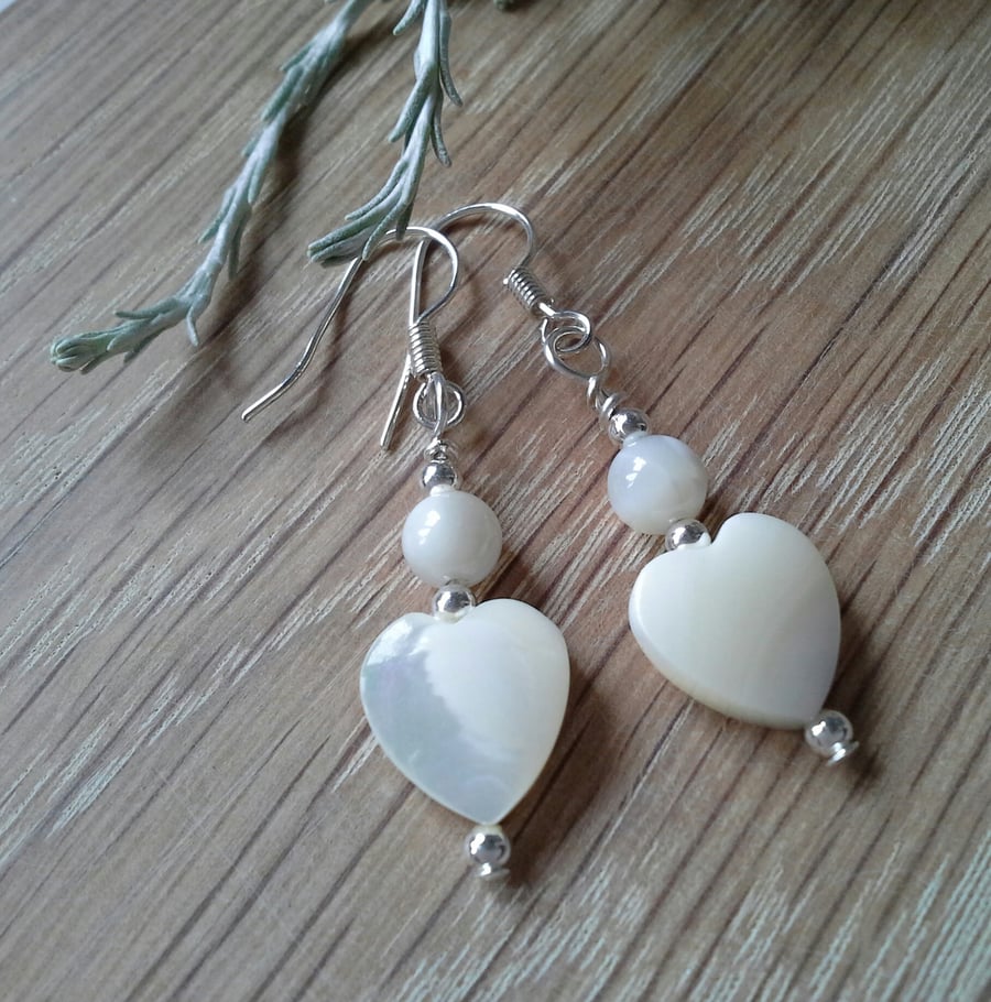 Natural Mother Of Pearl Heart Cut Earrings Silver Plated