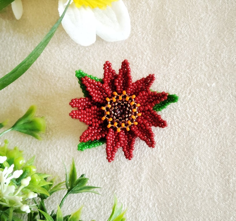 Beaded Red African Daisy Brooch 