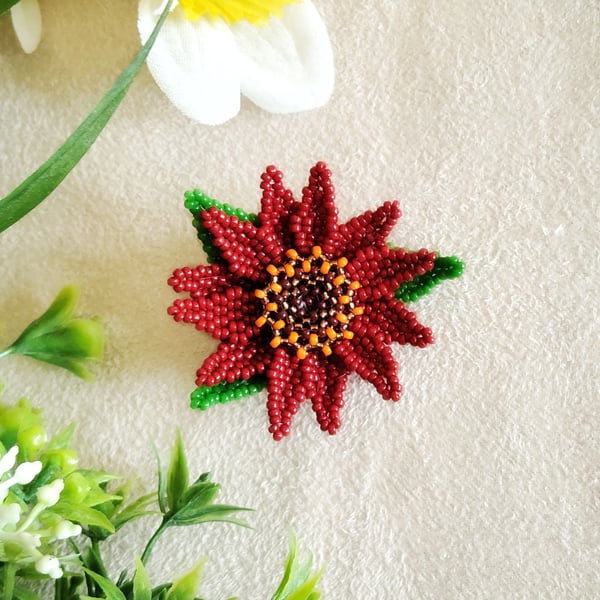 Beaded Red African Daisy Brooch 