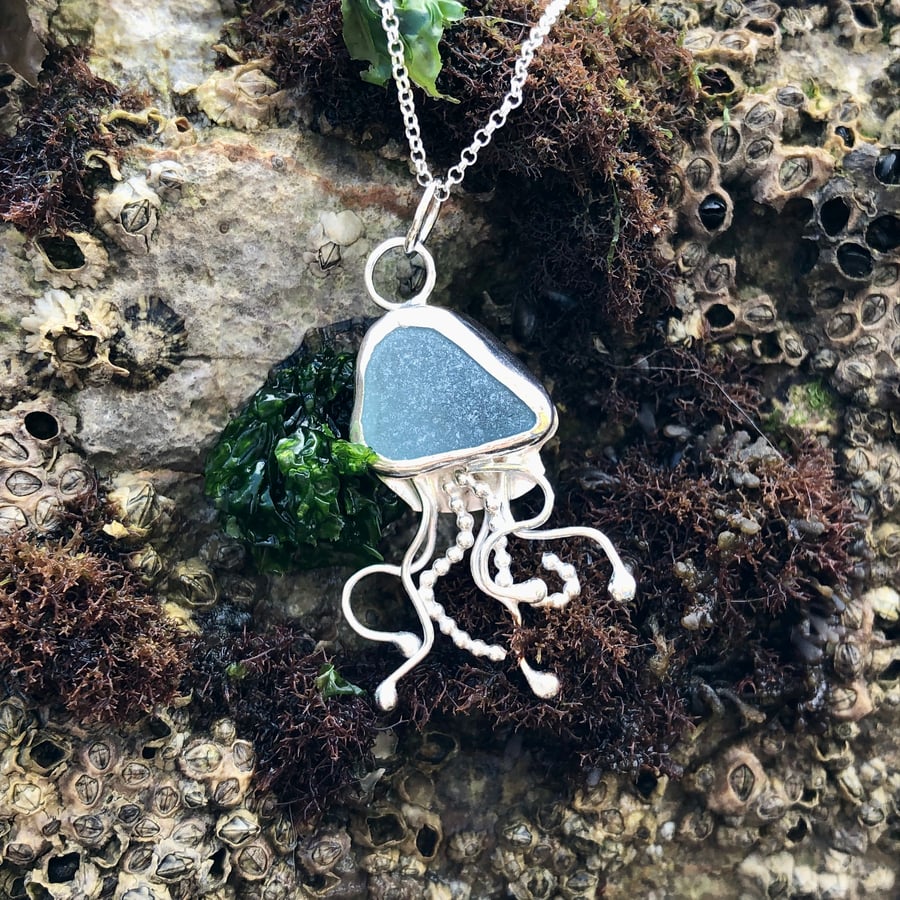 Steel Blue Sea Glass and Sterling Silver Jelly Fish Pendant - 1080