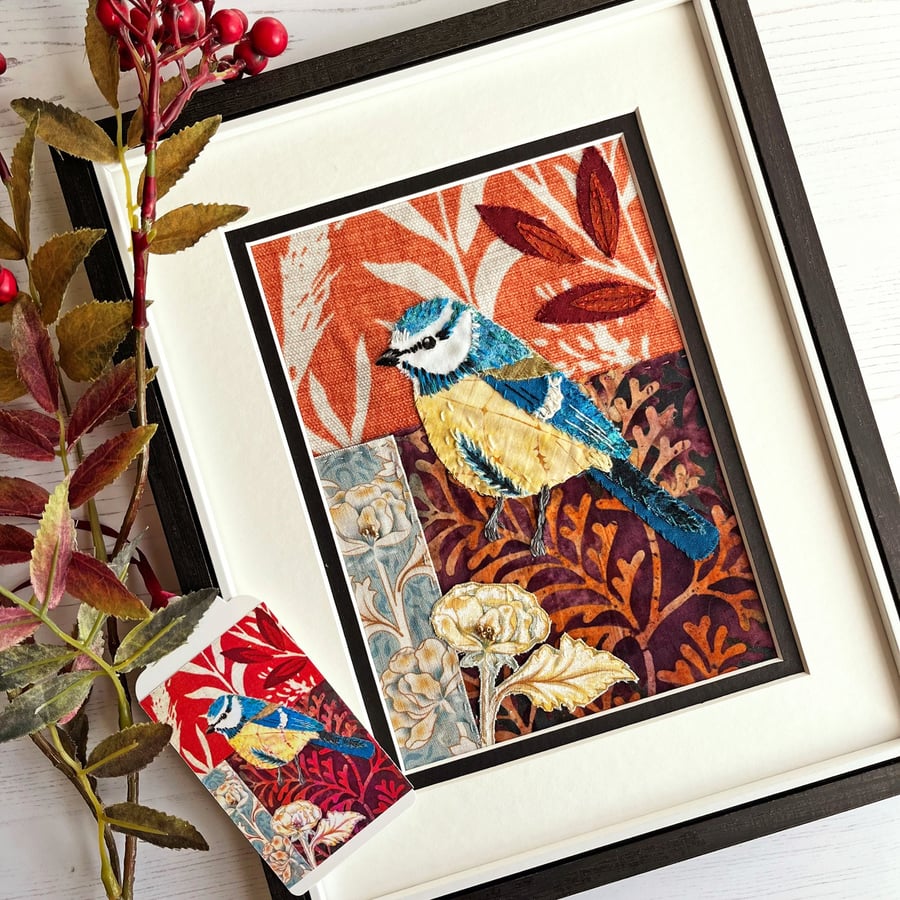 Handsewn textile picture of blue tit - Christmas gift for bird lover