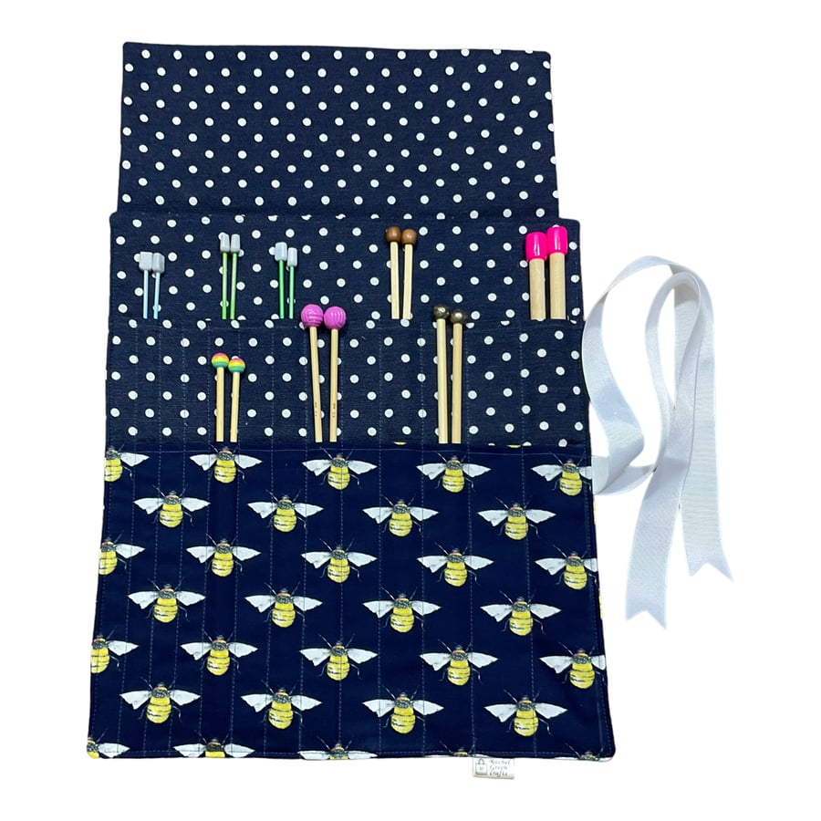 Straight knitting needle case with Bees, bugs needle roll, storage case, knittin
