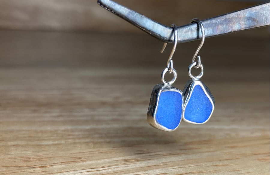 Handmade Welsh Rare Light Cornflower-Blue Sea Glass & Silver Dangle Earrings