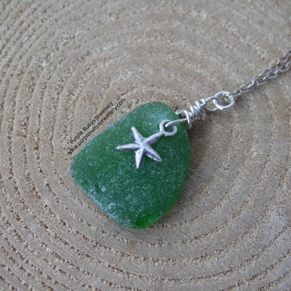 Bottle Green Cornish Sea Glass Necklace with Star Charm, Sterling Silver N599