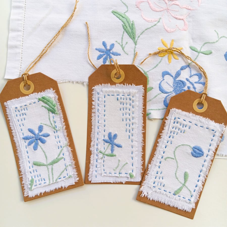 Hand Embroidered Gift Tags - Set of Three - Blue Flower - Upcycled Vintage Fabri