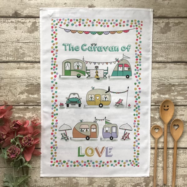 The Caravan of Love - Illustrated Vintage Style Caravans - Cotton Tea Towel