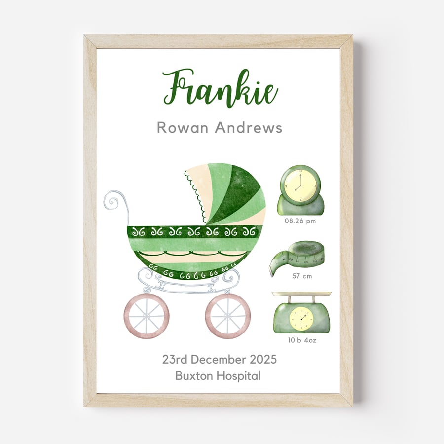 Gender neutral pink blue nursery wall art with pram baby name and birth details